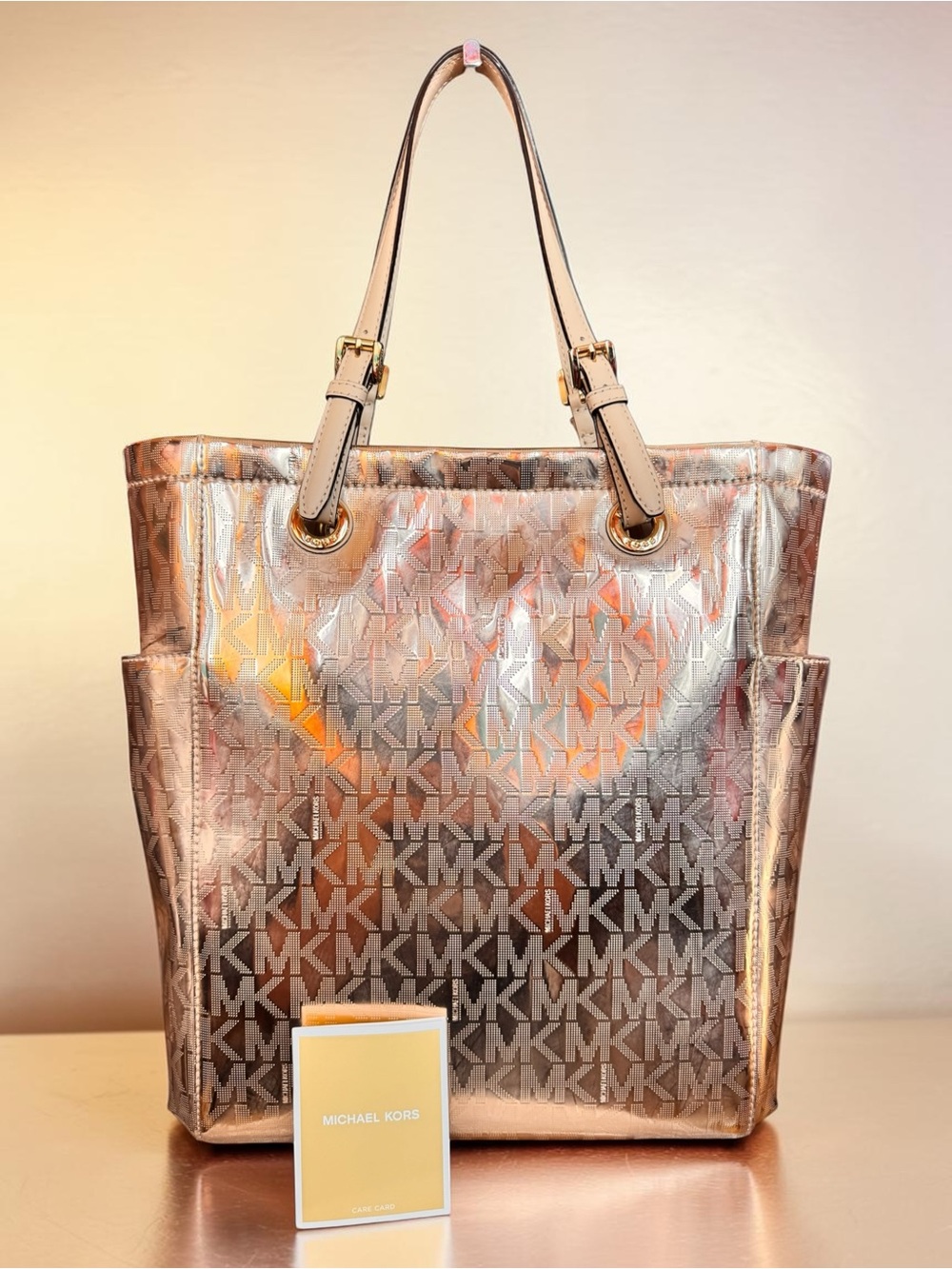 Michael Kors Jet Set Metallic Rose Gold Monogram Large Tote Bag. NWOT. MSRP $498